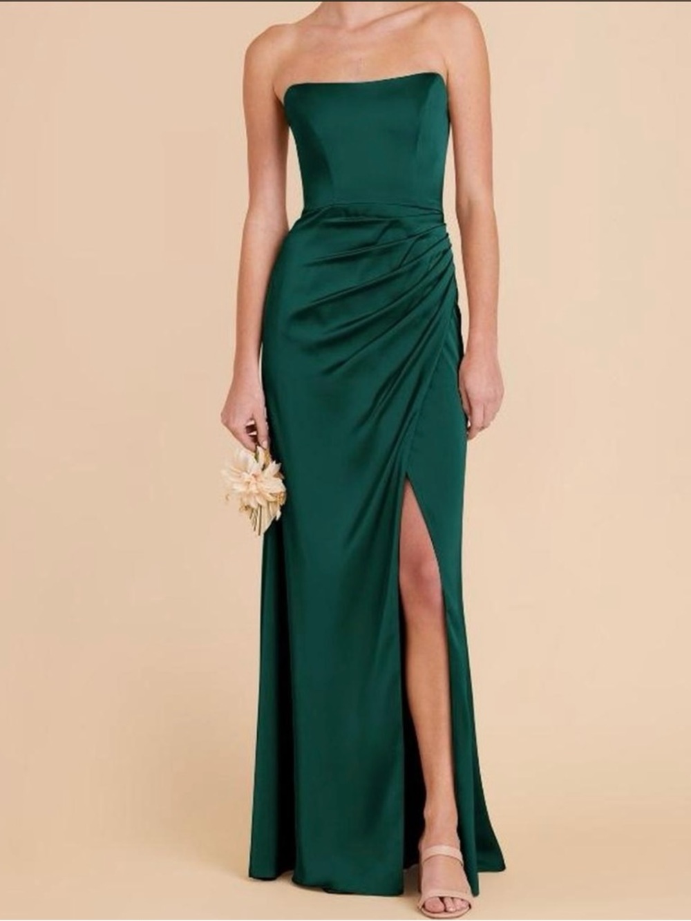 Strapless Emerald Green Evening Gown w Side Drape & Thigh Slit Bridesmaid Dress